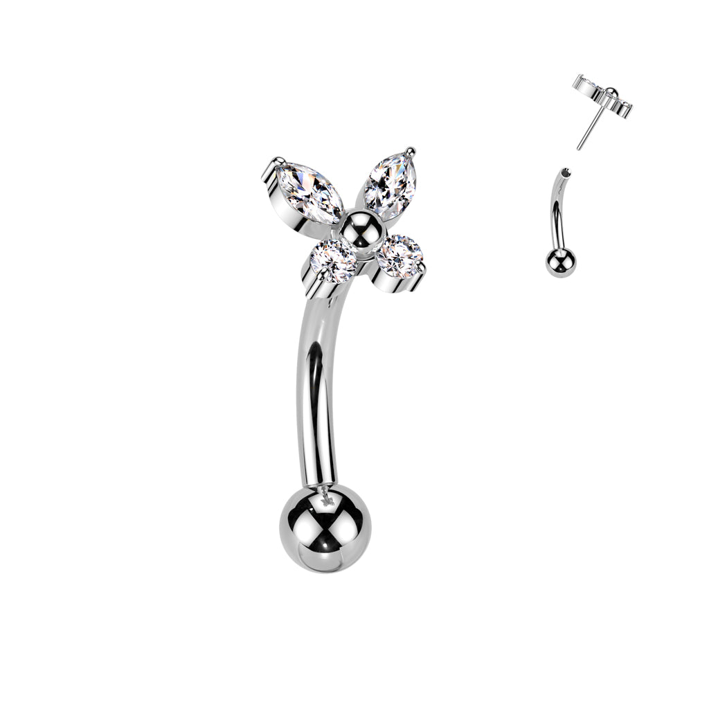 Titanium Threadless Push In Eyebrow Curved Barbell With CZ Butterfly Top