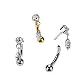 Implant Grade Titanium Threadless Push In Eyebrow Curved Barbell With Round Bezel Set CZ And Marquise CZ Dangle Top