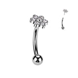 Threadless Push In Eyebrow Curved Barbell With Prong Set CZ Flower With Bezel Set CZ Center