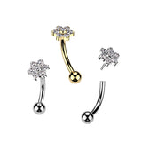 Threadless Push In Eyebrow Curved Barbell With Prong Set CZ Flower With Bezel Set CZ Center