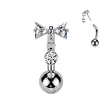 Threadless Push In Belly Button Ring With CZ Bowtie Top and Bezel Set CZ Dangle