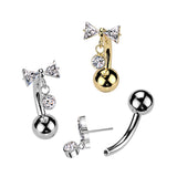 Threadless Push In Belly Button Ring With CZ Bowtie Top and Bezel Set CZ Dangle