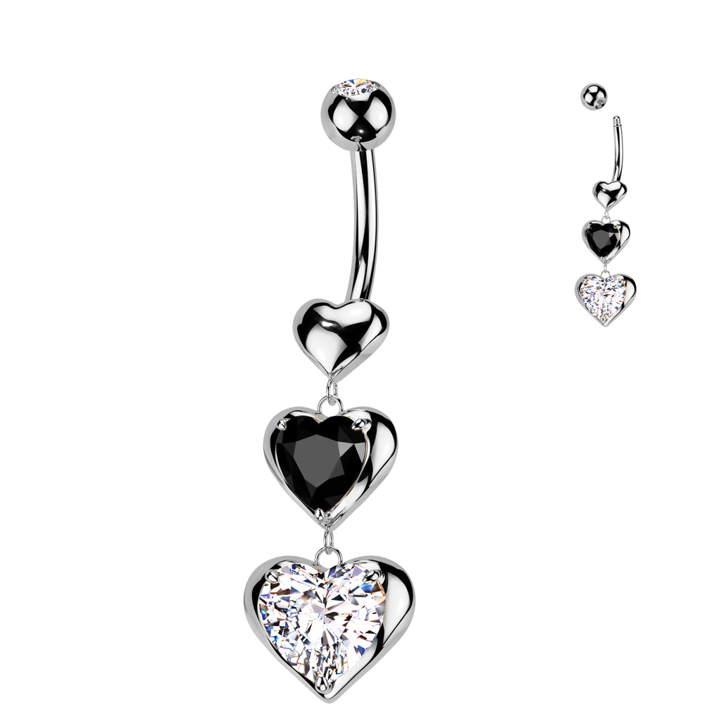 Triple Heart Dangle Belly Button Navel Ring With Black and Clear CZ