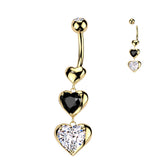 Triple Heart Dangle Belly Button Navel Ring With Black and Clear CZ