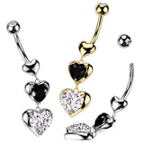 Triple Heart Dangle Belly Button Navel Ring With Black and Clear CZ