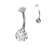 Prong Set Bottom With Flower CZ Top Belly Button Ring