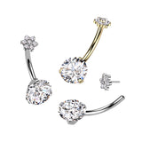 Prong Set Bottom With Flower CZ Top Belly Button Ring