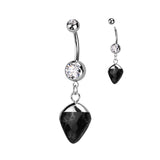 Double Jeweled 316L Surgical Steel Belly Button Navel Ring With Semi Precious Stone Dangle