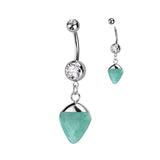 Double Jeweled 316L Surgical Steel Belly Button Navel Ring With Semi Precious Stone Dangle