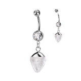 Double Jeweled 316L Surgical Steel Belly Button Navel Ring With Semi Precious Stone Dangle