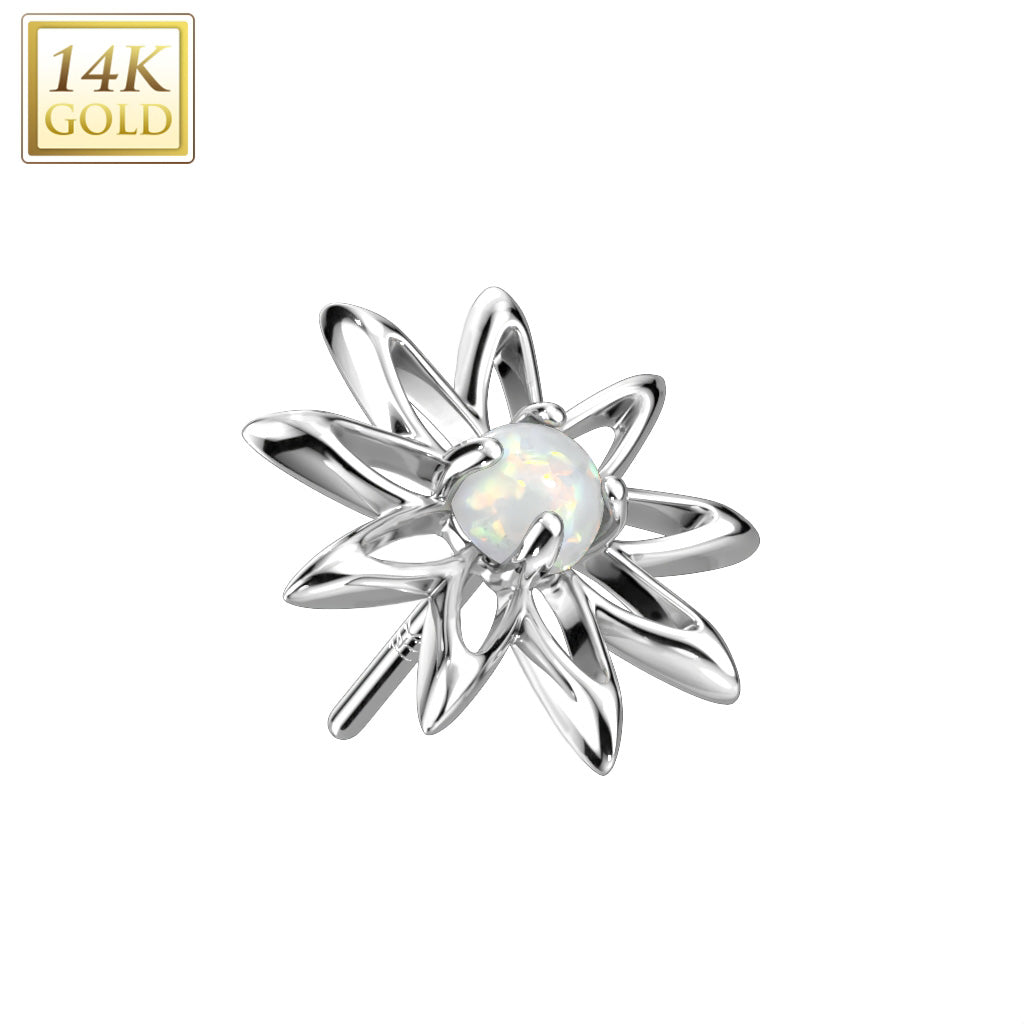 14K Gold Threadless Push In Hollow Flower Top With Elongated Petals and Opal or CZ Center